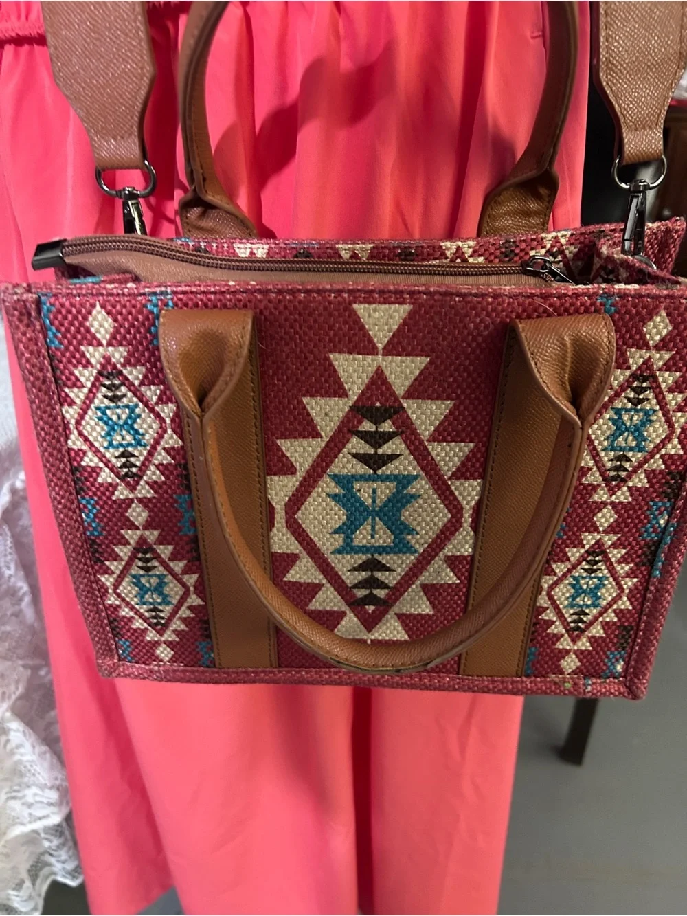 2 Red Aztec-Pattern Crossbody Tote Bags with Removable Strap and bag charm